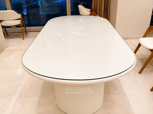 Custom tempered glass table top for dining, coffee, office, and side tables.